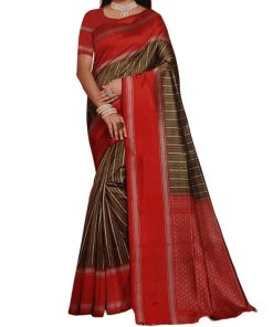 CODE WS1176 : Brown with dark orange silk cotton saree(lightweight)digital printed all over,double side gap borders,contrast printed pallu with tassels,contrast running blouse with gap borders.