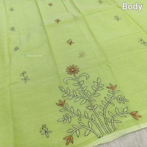 CODE NS18 : Pastel green pure soft mul cotton saree(soft& light weight, very thin) heavy hand embroidered all over, rich embroidered on pallu, plain running blouse. - Image 2