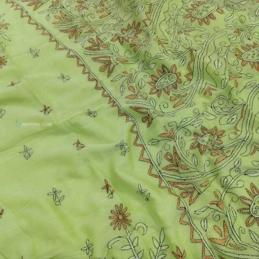 CODE NS18 : Pastel green pure soft mul cotton saree(soft& light weight, very thin) heavy hand embroidered all over, rich embroidered on pallu, plain running blouse. - Image 5