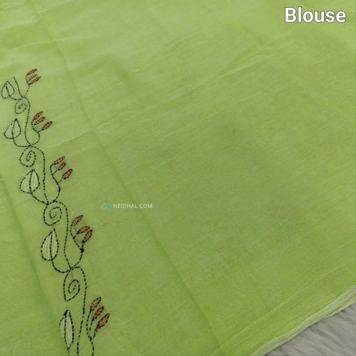 CODE NS18 : Pastel green pure soft mul cotton saree(soft& light weight, very thin) heavy hand embroidered all over, rich embroidered on pallu, plain running blouse. - Image 4