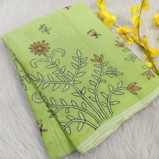 CODE NS18 : Pastel green pure soft mul cotton saree(soft& light weight, very thin) heavy hand embroidered all over, rich embroidered on pallu, plain running blouse.