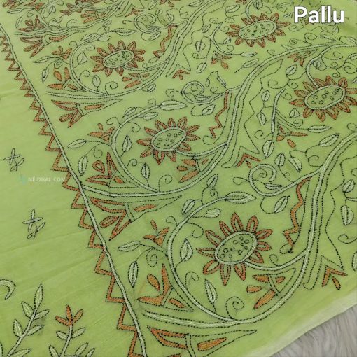 CODE NS18 : Pastel green pure soft mul cotton saree(soft& light weight, very thin) heavy hand embroidered all over, rich embroidered on pallu, plain running blouse. - Image 3