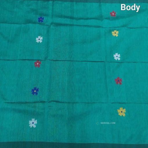 CODE NS13 : Light turquoise blue jamdani hand woven soft silk cotton saree(thin& light weight)black hand woven rich pallu with tassels, black thin running blouse. - Image 2