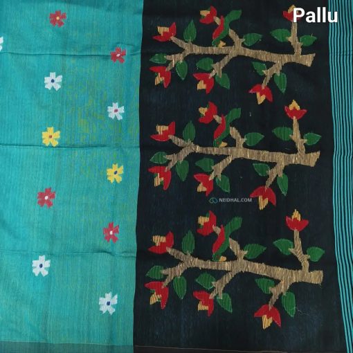 CODE NS13 : Light turquoise blue jamdani hand woven soft silk cotton saree(thin& light weight)black hand woven rich pallu with tassels, black thin running blouse. - Image 3