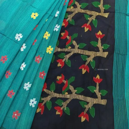 CODE NS13 : Light turquoise blue jamdani hand woven soft silk cotton saree(thin& light weight)black hand woven rich pallu with tassels, black thin running blouse.